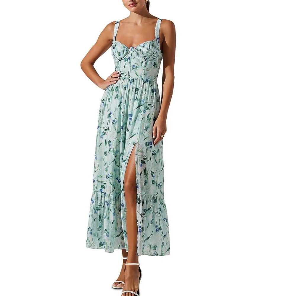 ASTR wedding guest dress blue floral corset style top green